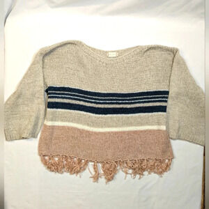 Altar'd State women's striped fringe knit sweater, tan pink navy cream size M